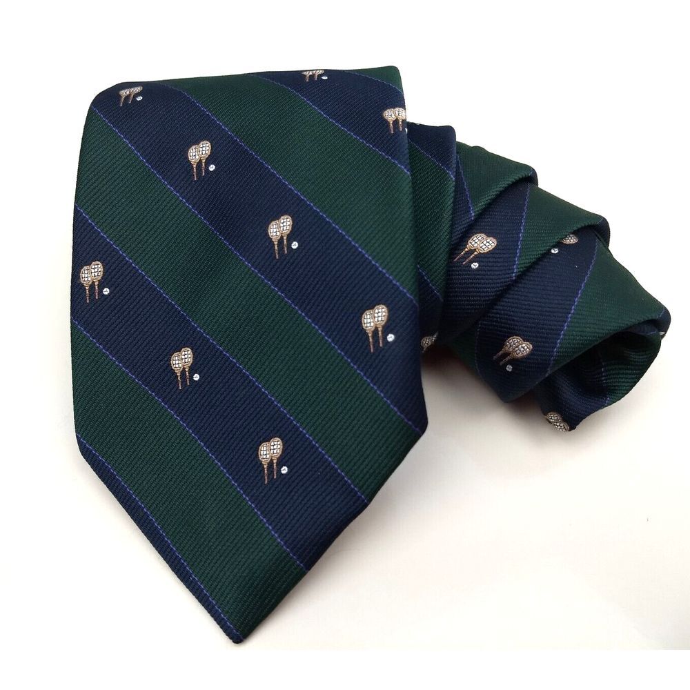 ALYNN NECKWEAR 1982 TENNIS FOR TWO Striped Neck Tie Navy Blue & Hunter Green VTG